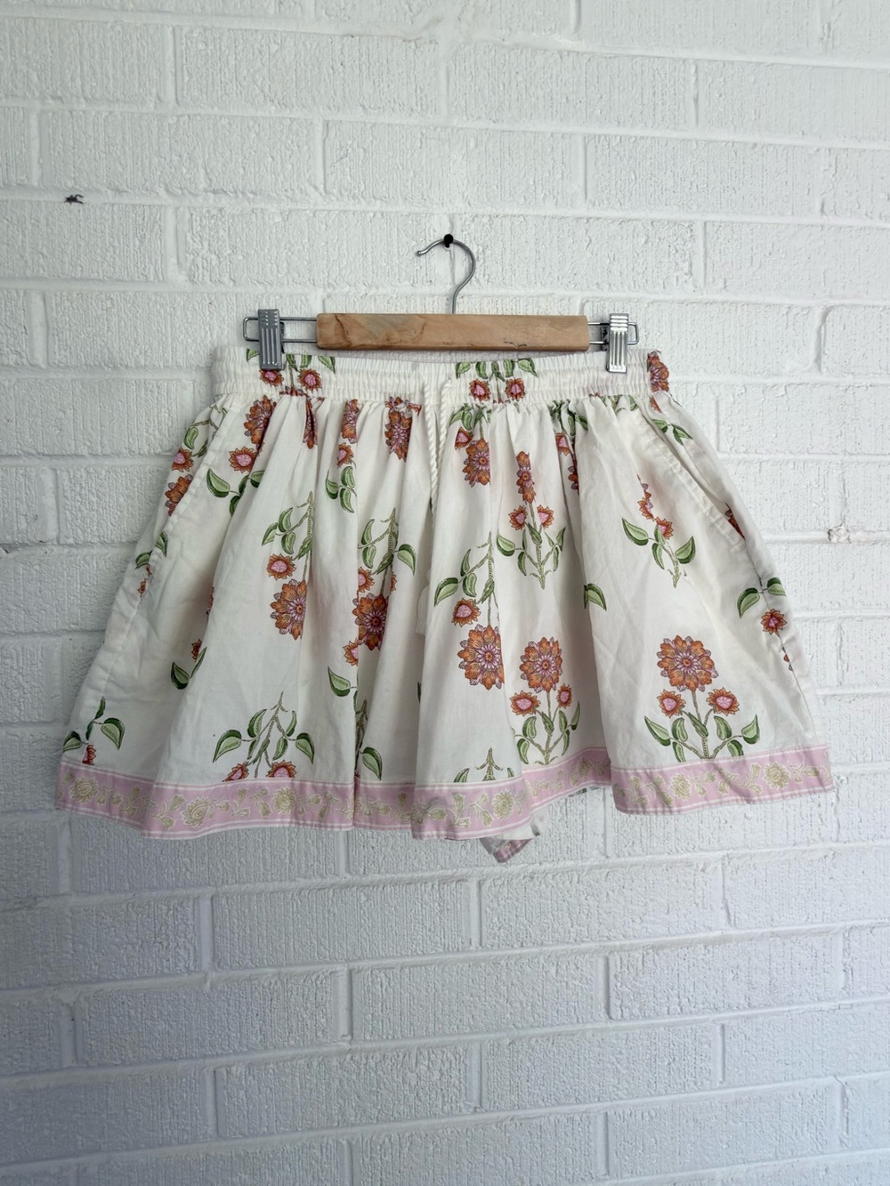 Old Navy White Cotton Circle Skirt with Pink Trim & Green Floral